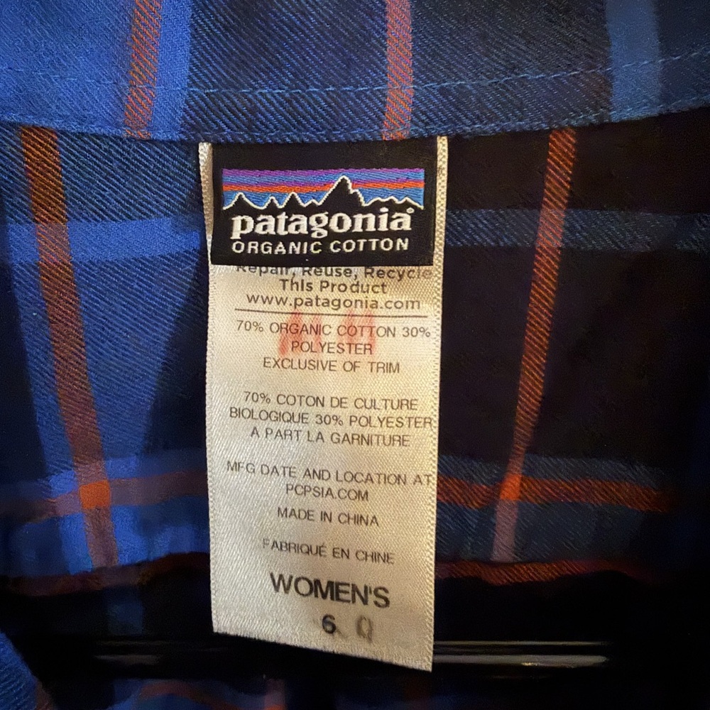 Patagonia Organic Cotton Flannel Shirt Women’s 6 Blue Orange Plaid Button Down - Picture 3 of 3